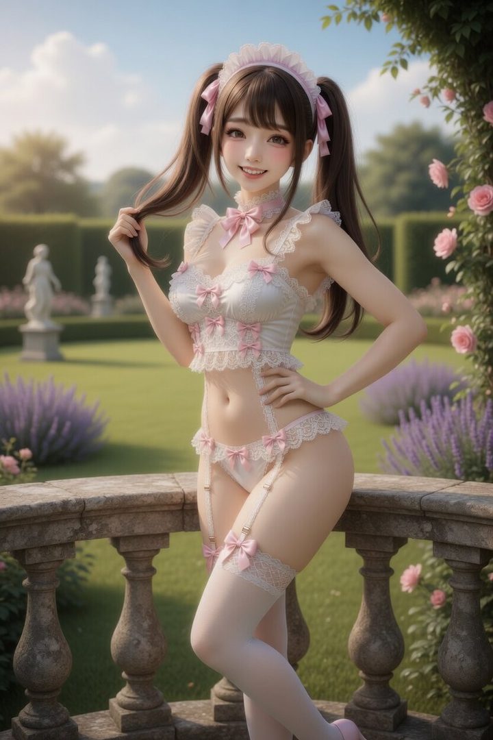 A young woman with brown pigtails, wearing a white and pink lace lingerie set, poses in a garden.