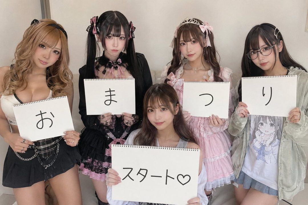 Five young women in fashionable outfits, some holding signs with Japanese characters, posing for a photo.