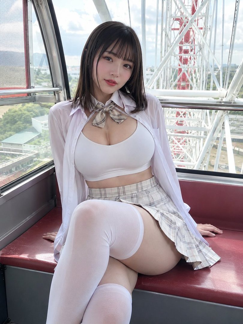 A young woman with dark hair and bangs, wearing a white shirt, white crop top, plaid skirt, and white thigh-high socks, sits in a Ferris wheel cabin.