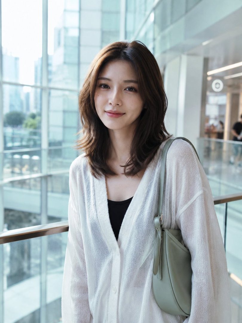 A young East Asian woman with shoulder-length brown hair, wearing a white cardigan over a black top, holds a light green handbag. She is indoors with a blurred background of modern architecture.