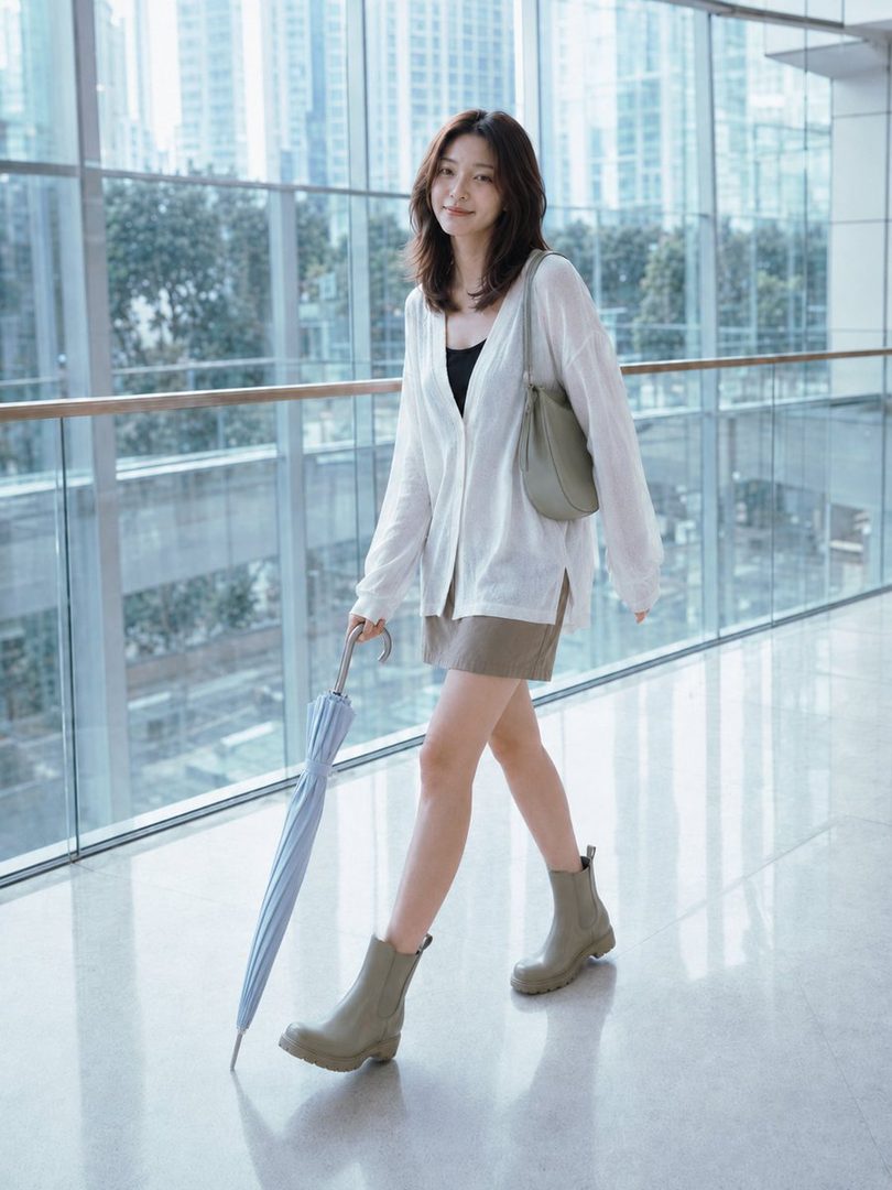 A young East Asian woman with long brown hair, wearing a white cardigan over a black top and a brown skirt, walks indoors holding a light blue umbrella.