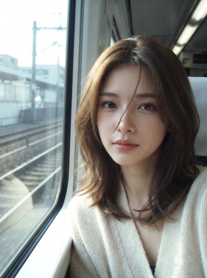 A young East Asian woman with shoulder-length brown hair, wearing a cream-colored cardigan, looks out the window of a train.