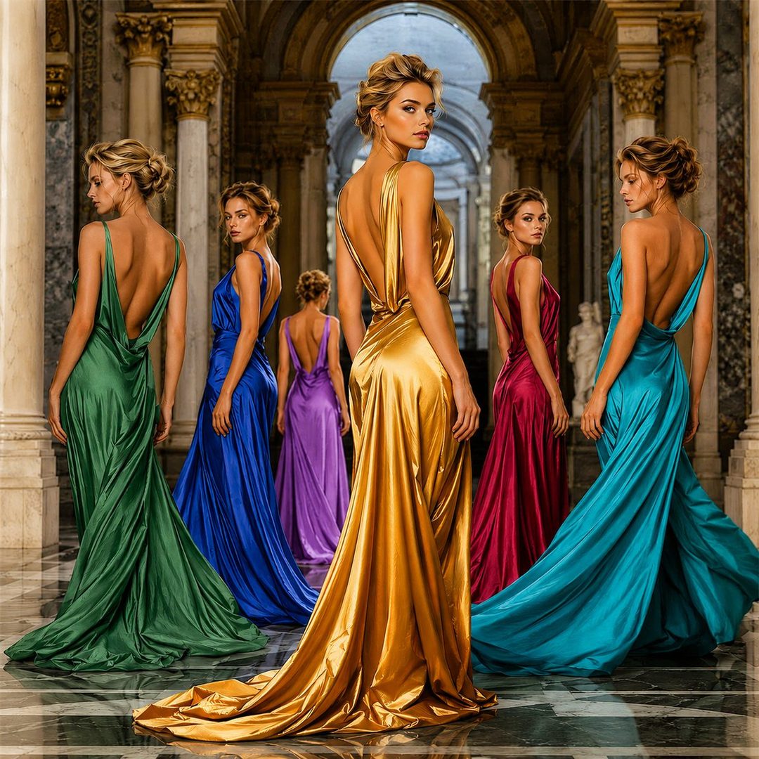 Five women in flowing, open-back gowns of various jewel tones stand in a grand, classical interior.