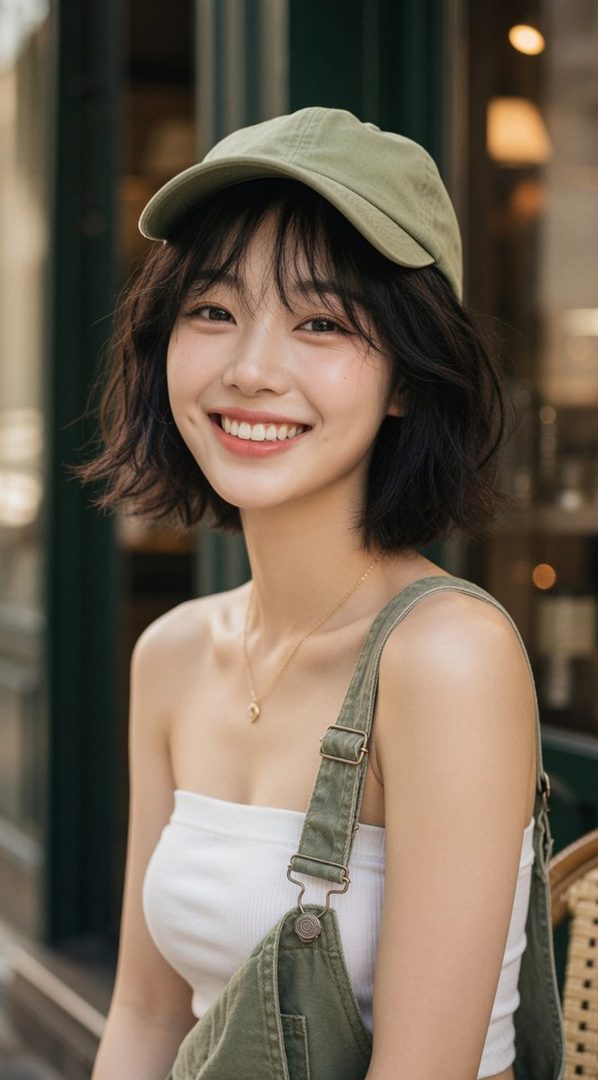 A young East Asian woman with short black hair and bangs, wearing a white tube top, green overalls, and a green baseball cap, smiles brightly outdoors.