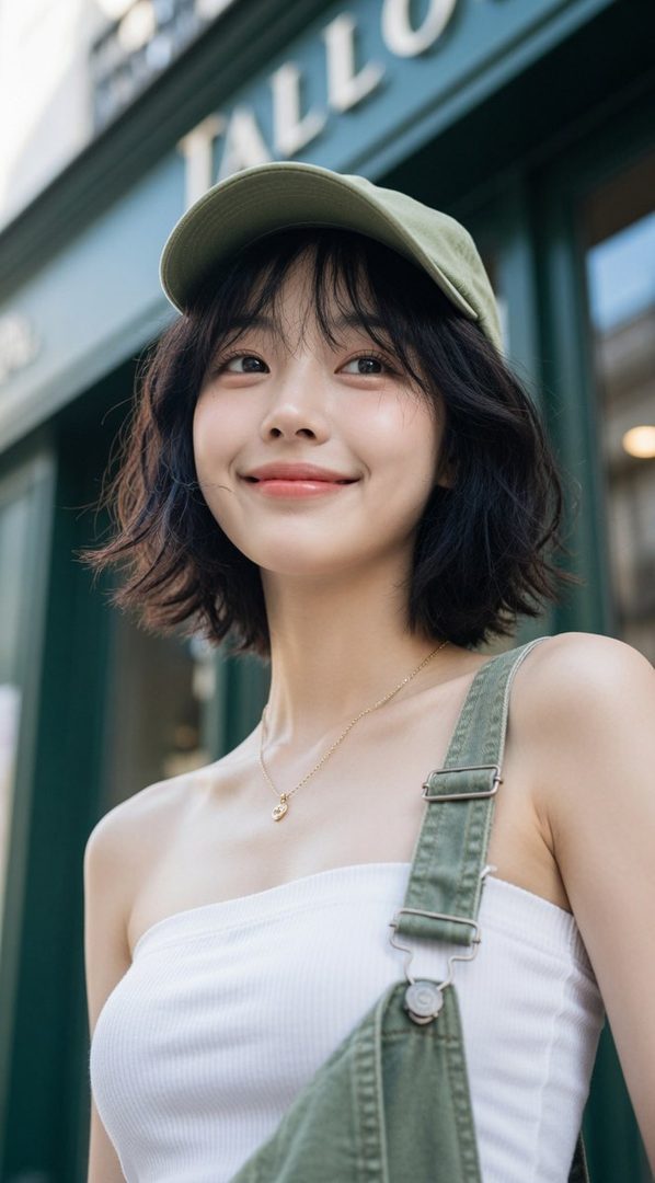 A young woman with short black hair and bangs, wearing a green baseball cap, a white tube top, and green overalls, smiles gently outdoors.