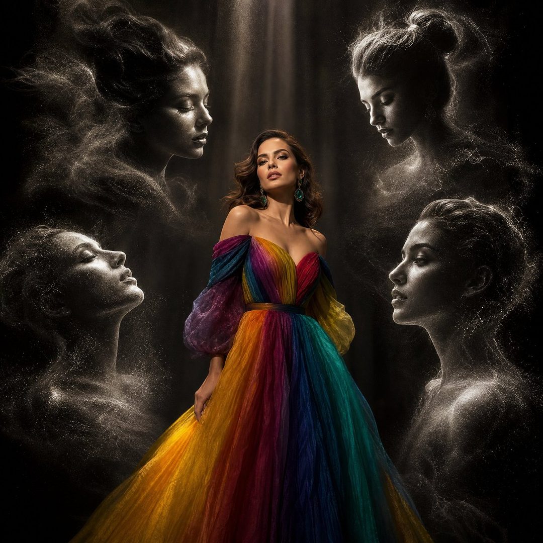 A woman in a colorful off-the-shoulder gown stands in a dark studio, surrounded by ethereal, monochrome portraits made of light particles.