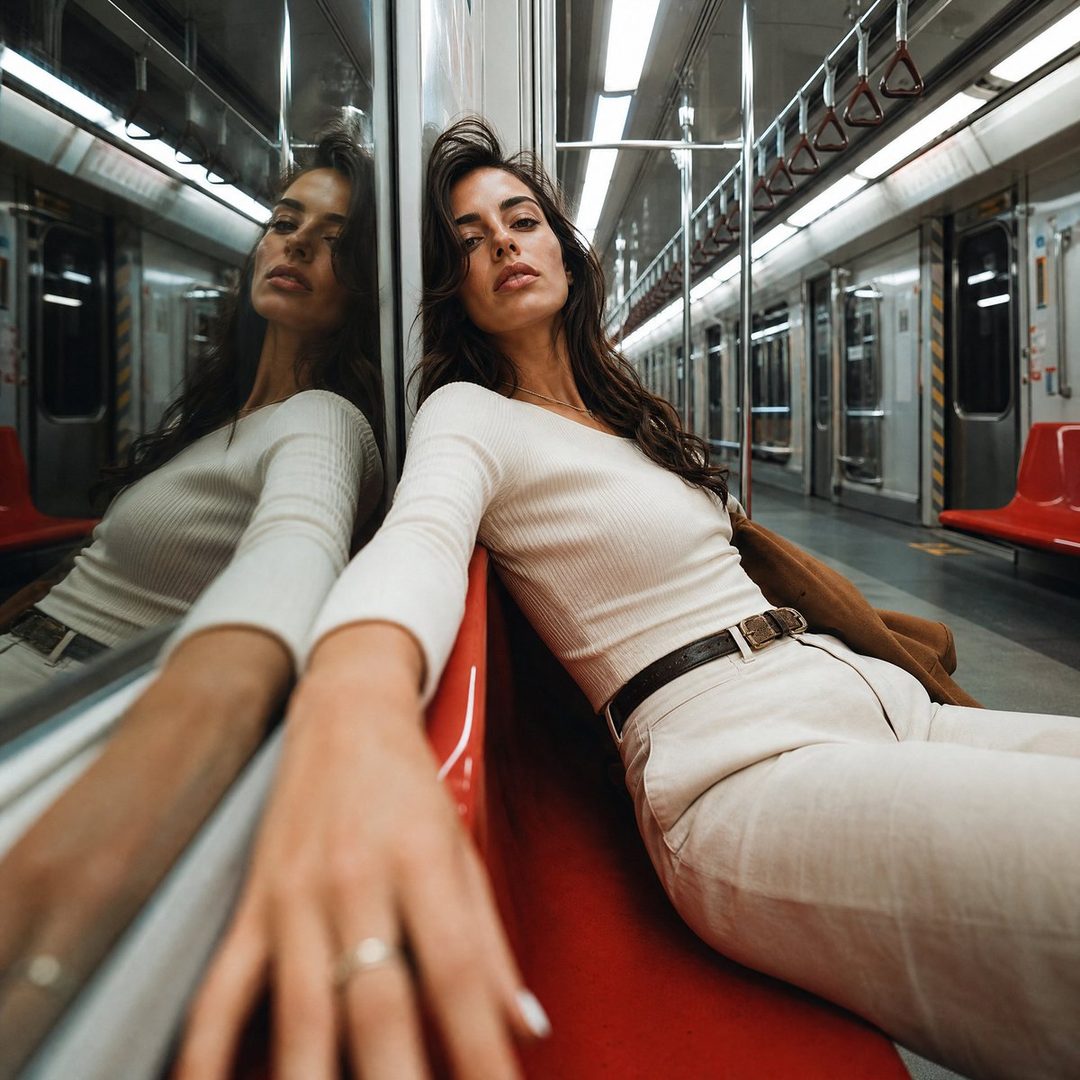 A woman with long brown hair sits on a red seat inside a train, looking towards the camera with a thoughtful expression.