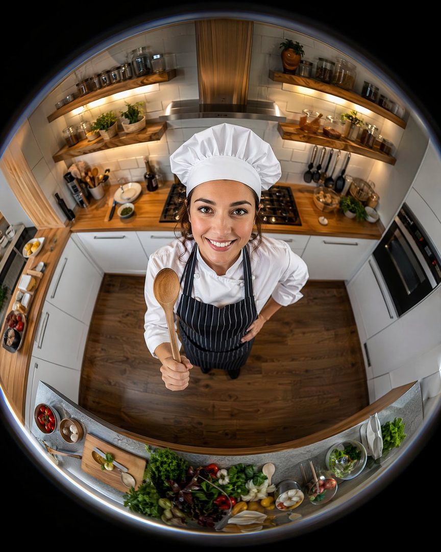 A smiling female chef in a chef's hat and apron holds a wooden spoon in a modern kitchen.