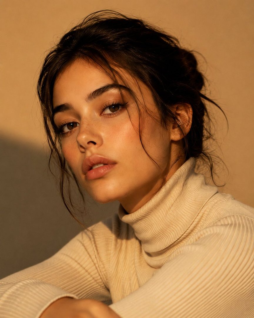 A close-up portrait of a young woman with dark hair pulled up, wearing a cream turtleneck sweater, with soft lighting.
