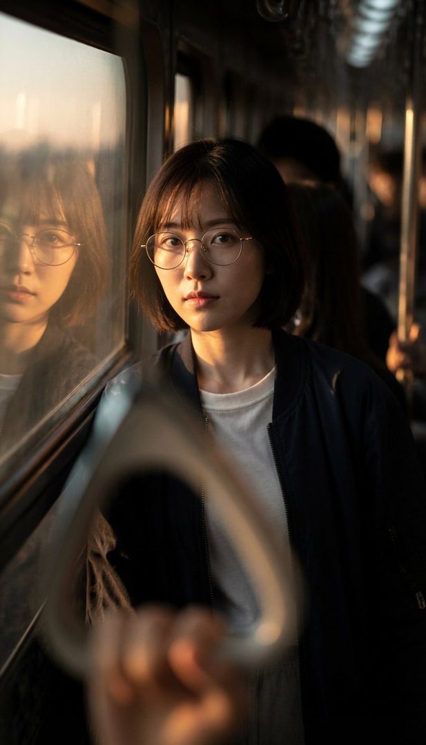 A young East Asian woman with short black hair and glasses, wearing a white t-shirt and a dark jacket, looks out a train window during golden hour.
