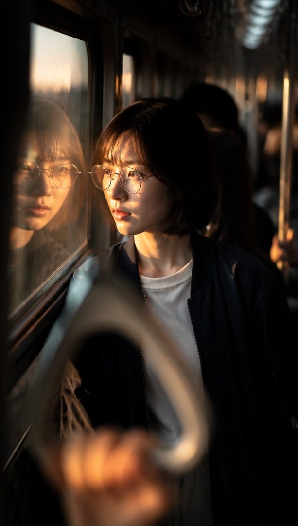 A young East Asian woman with short black hair and glasses looks out a train window during golden hour.