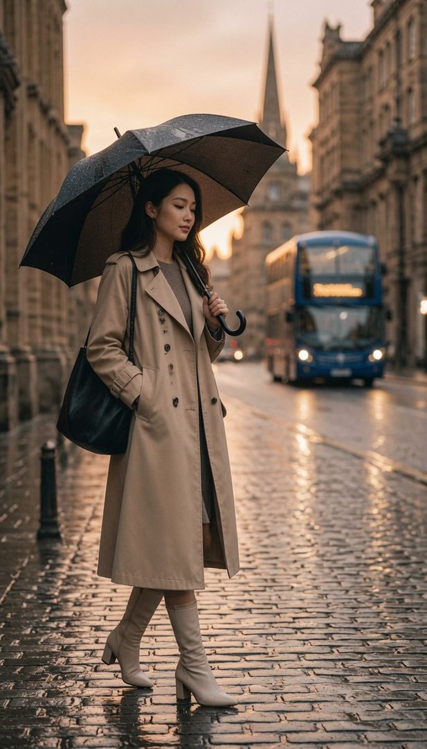 A woman in a trench coat holds an umbrella while walking on a wet cobblestone street in a city at dusk, with a double-decker bus in the background.