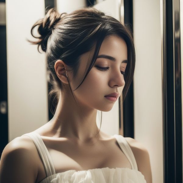 A photorealistic AI portrait of a young woman with her hair in a messy bun, wearing a white dress, looking down with her eyes closed.