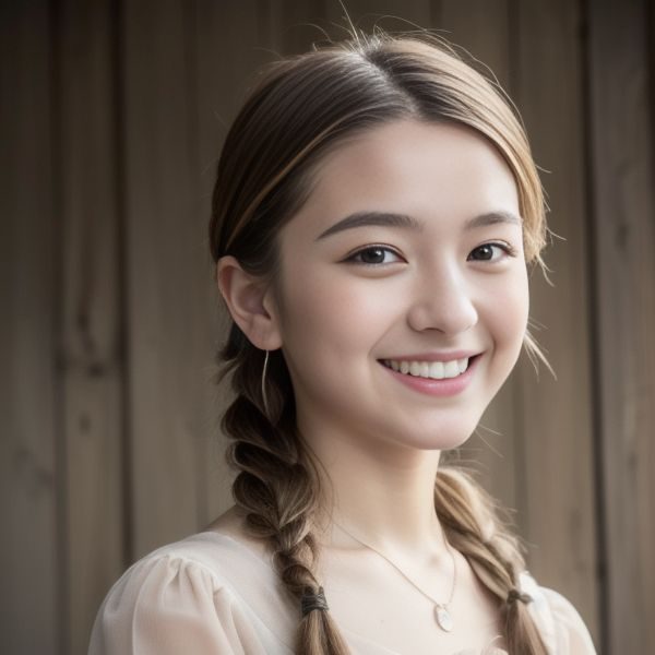 A photorealistic portrait of a young East Asian woman with blonde hair in braids, smiling warmly.