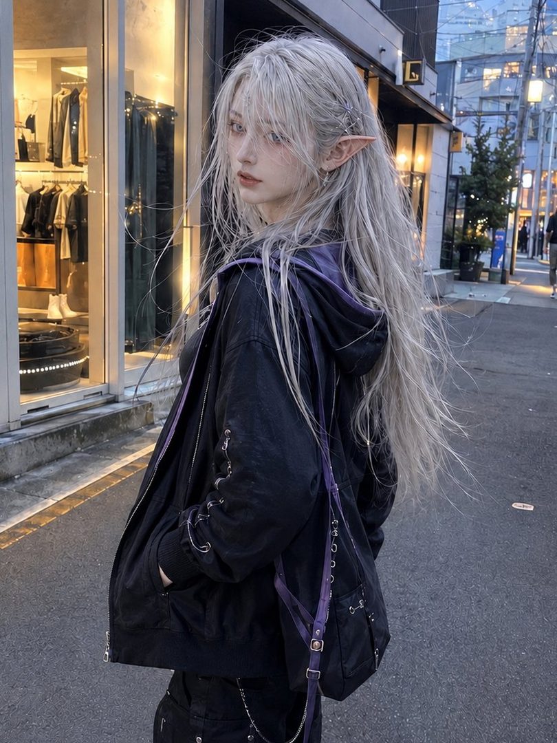 A young woman with long, flowing silver hair and elf ears, wearing a black jacket and standing on a city street.
