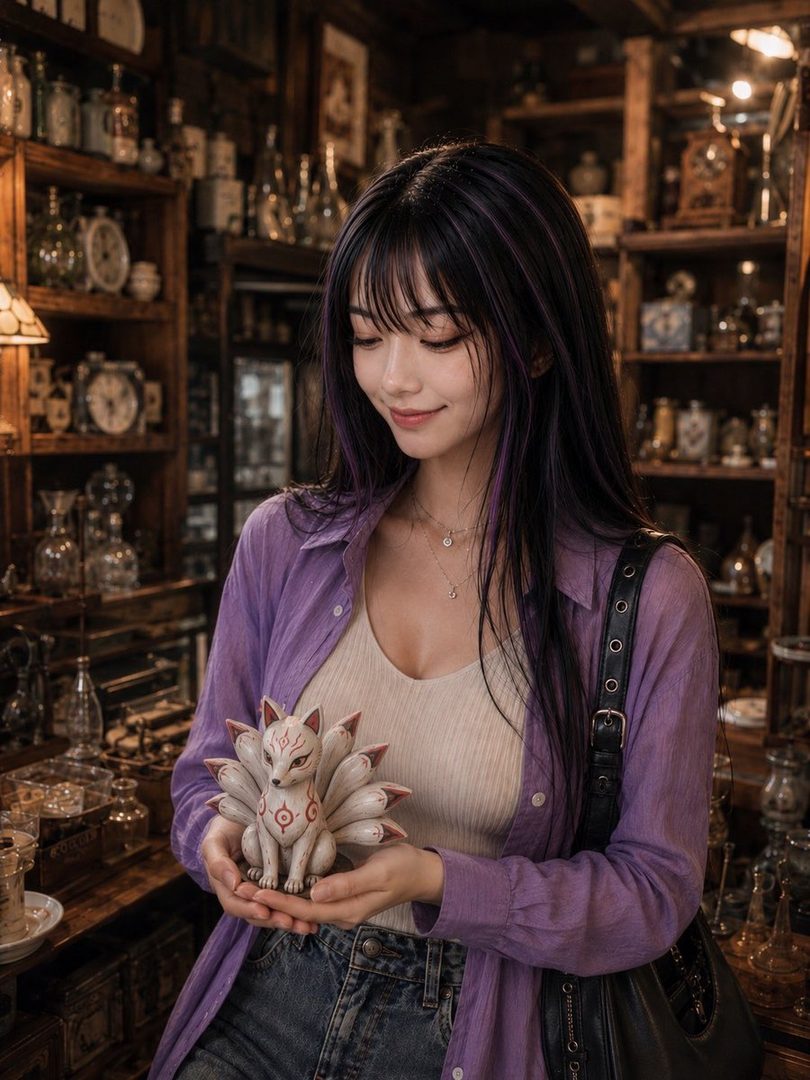 A young East Asian woman with long black hair with purple streaks, wearing a purple open shirt over a cream tank top and jeans, holds a kitsune figurine in a shop filled with antiques.
