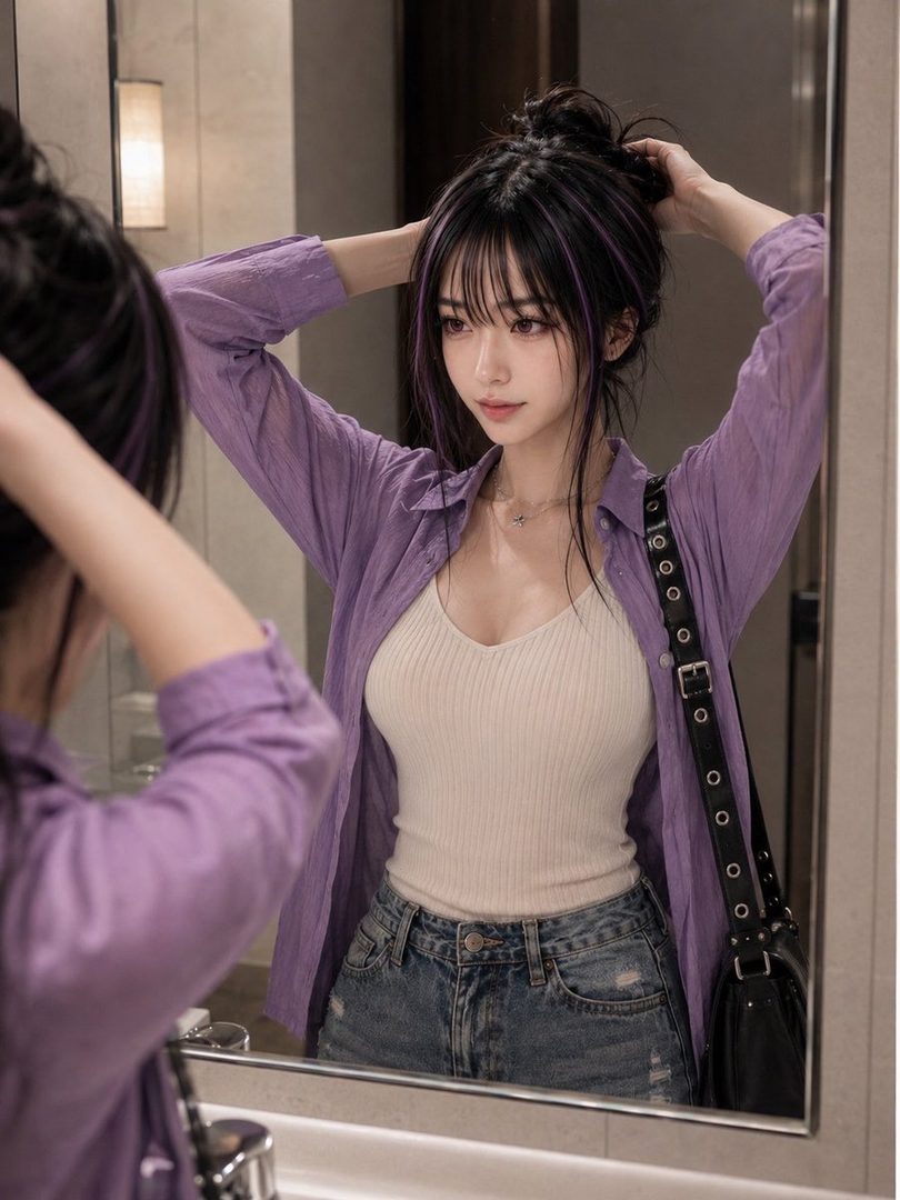 A young East Asian woman with black hair with purple streaks, styled in a messy bun, looks into a mirror while adjusting her hair. She is wearing a purple open shirt over a white tank top and denim shorts.