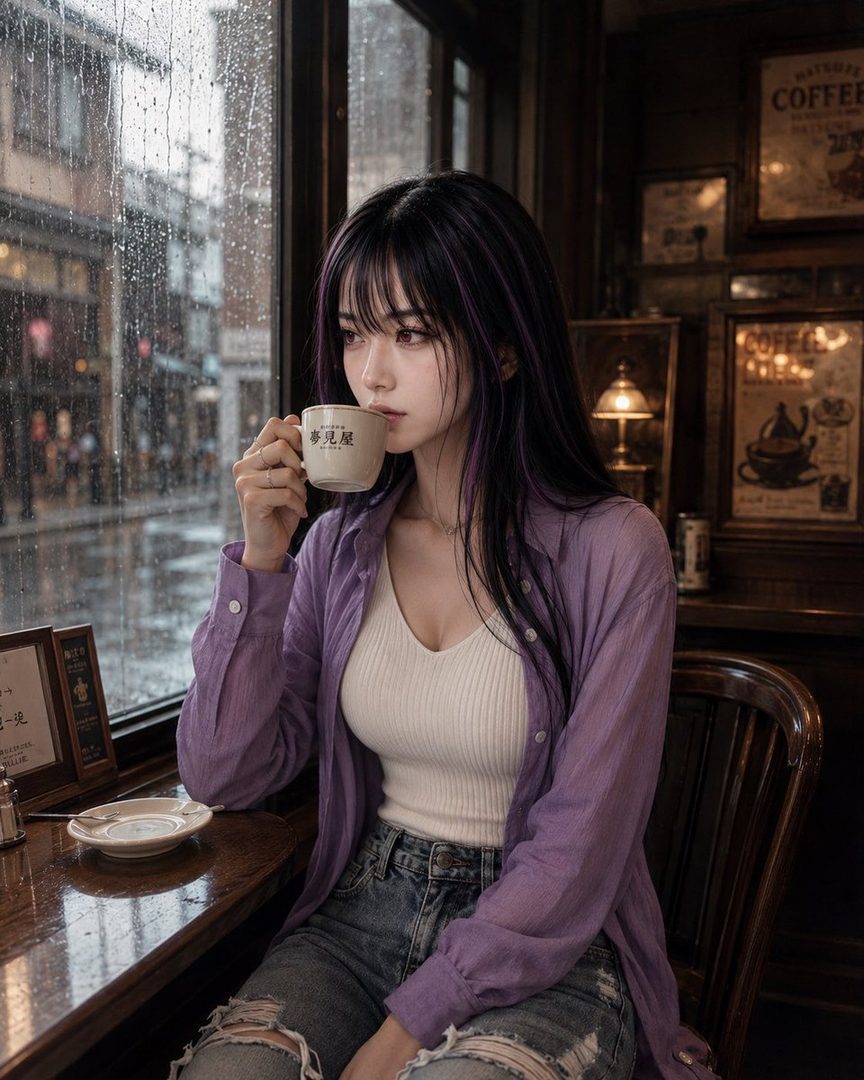 A young woman with long black hair and purple streaks, wearing a purple open shirt over a white tank top and ripped jeans, drinks coffee by a window on a rainy day.