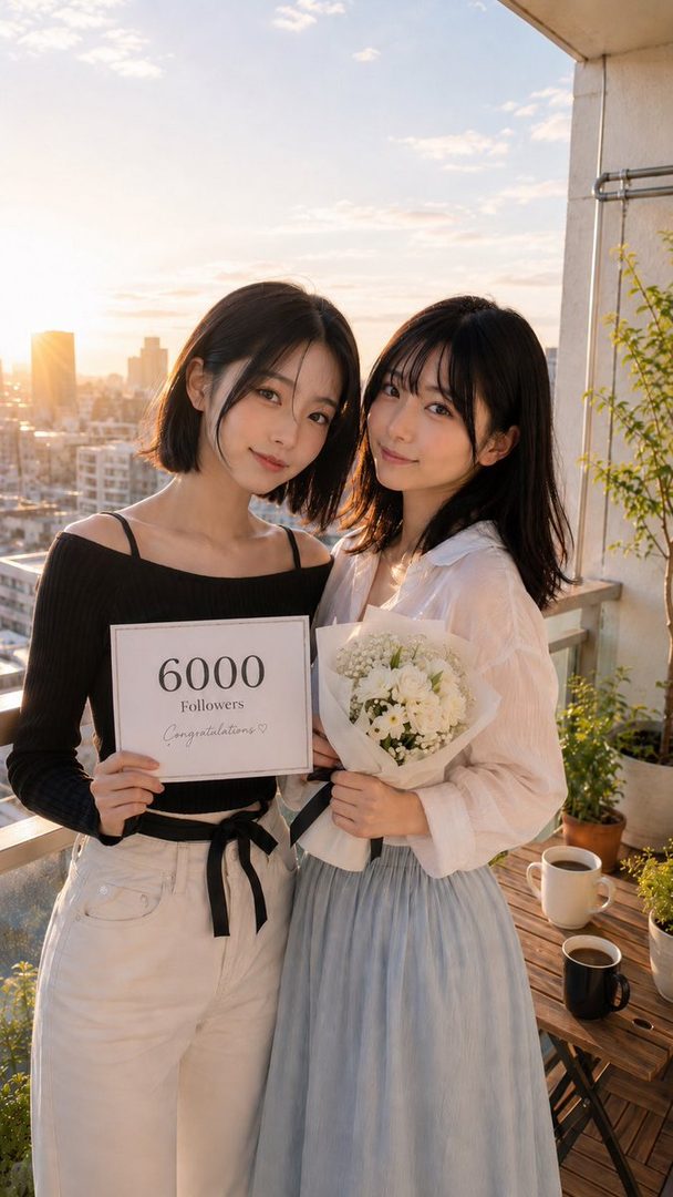 Two young East Asian women smiling on a balcony at sunset, one holding a sign that says '6000 Followers Congratulations', the other holding a bouquet of white flowers.