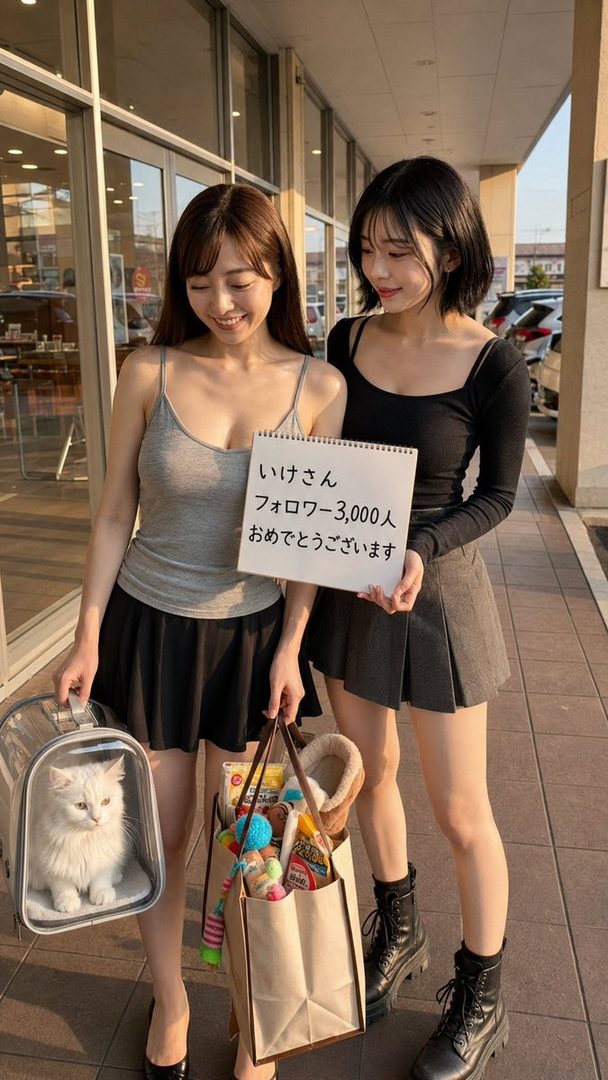 Two young women holding a sign congratulating someone on reaching 3,000 followers, with a cat in a carrier and a shopping bag.