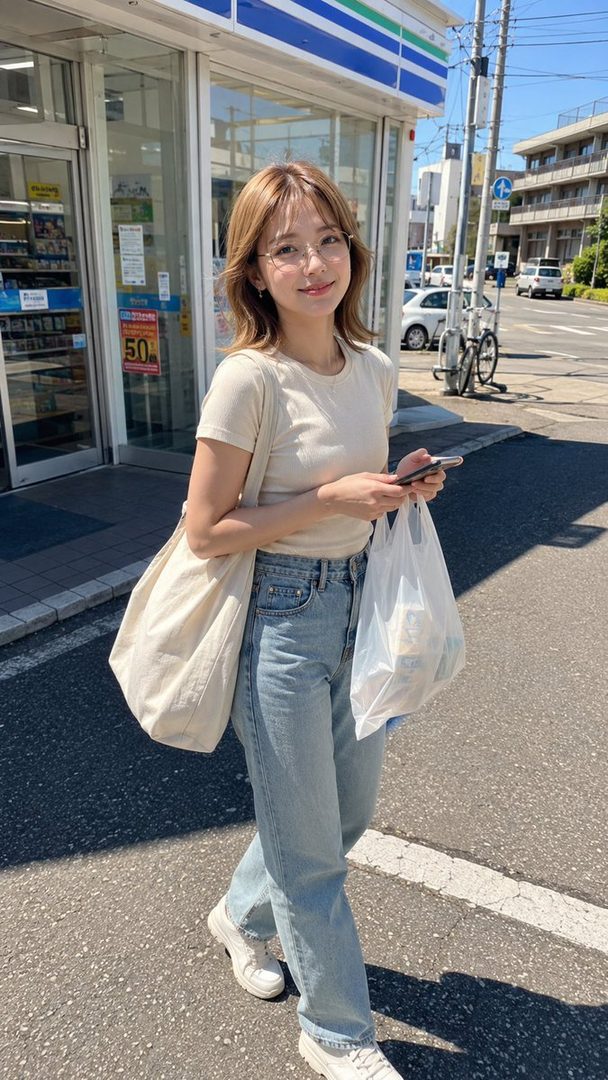 A young woman with shoulder-length brown hair and glasses, wearing a beige t-shirt and blue jeans, walks down a sunny street carrying shopping bags and a tote bag.