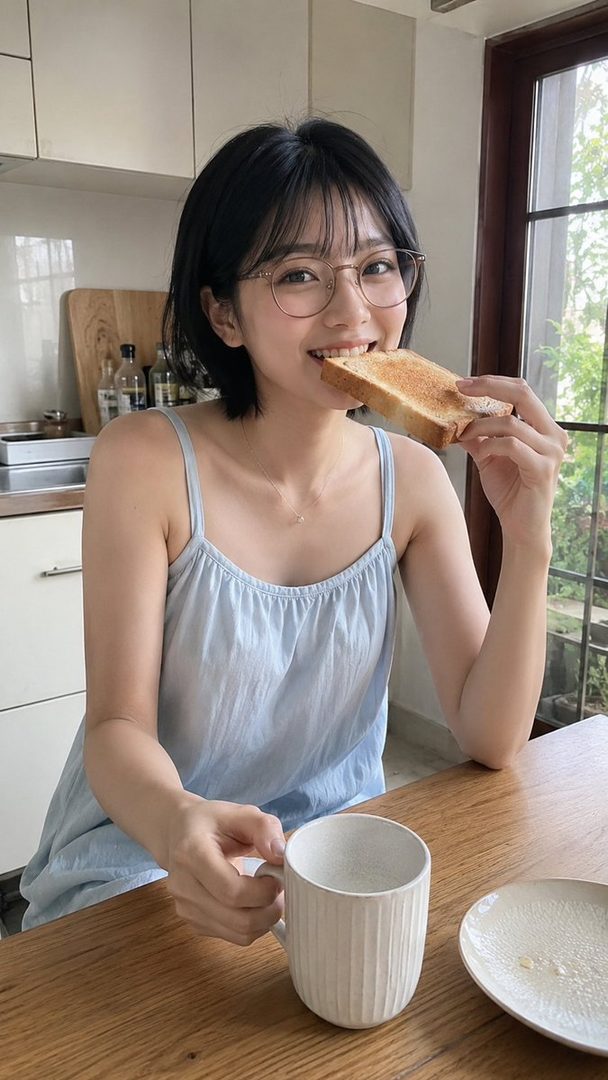 A young East Asian woman with short black hair and glasses smiles while eating toast in a bright kitchen.