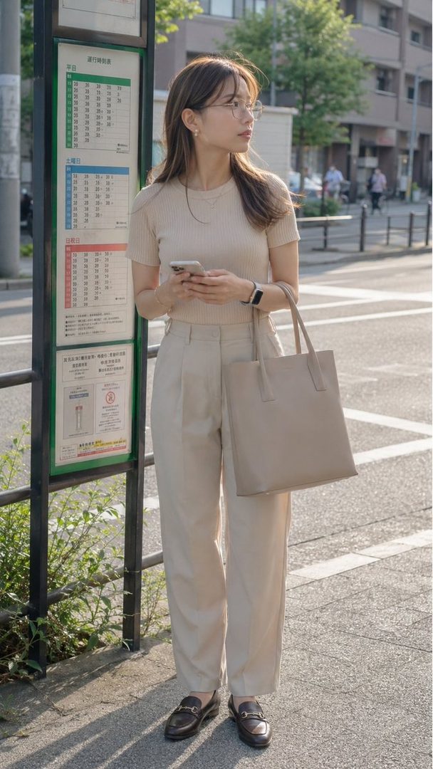 A young woman with glasses and long brown hair stands at a bus stop, looking into the distance while holding her phone. She is dressed in casual attire and carrying a tote bag.