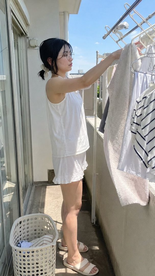 A young woman with black hair tied in a ponytail, wearing glasses and white pajamas, hangs laundry on a balcony on a sunny day.