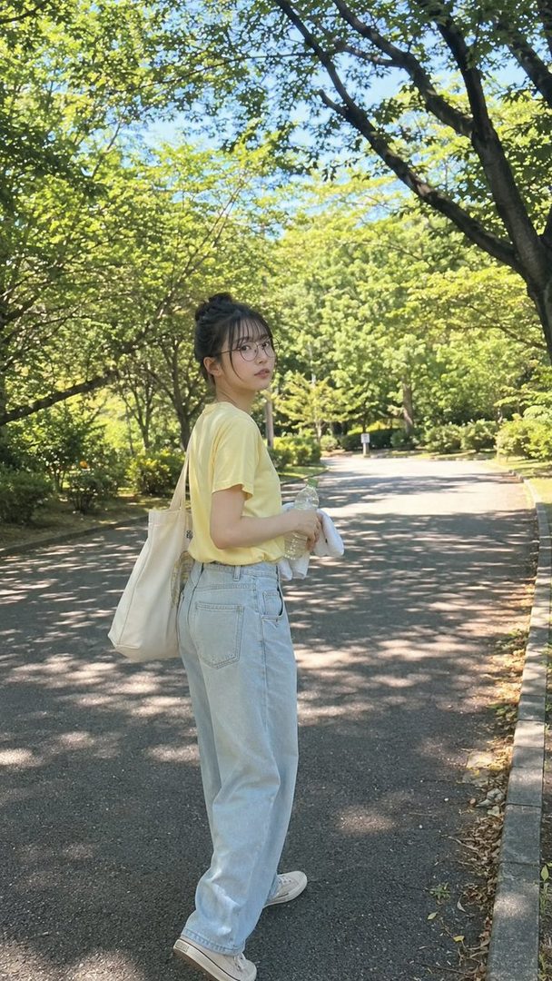 A young woman with her hair in a bun, wearing glasses and a yellow t-shirt, walks in a park on a sunny day.
