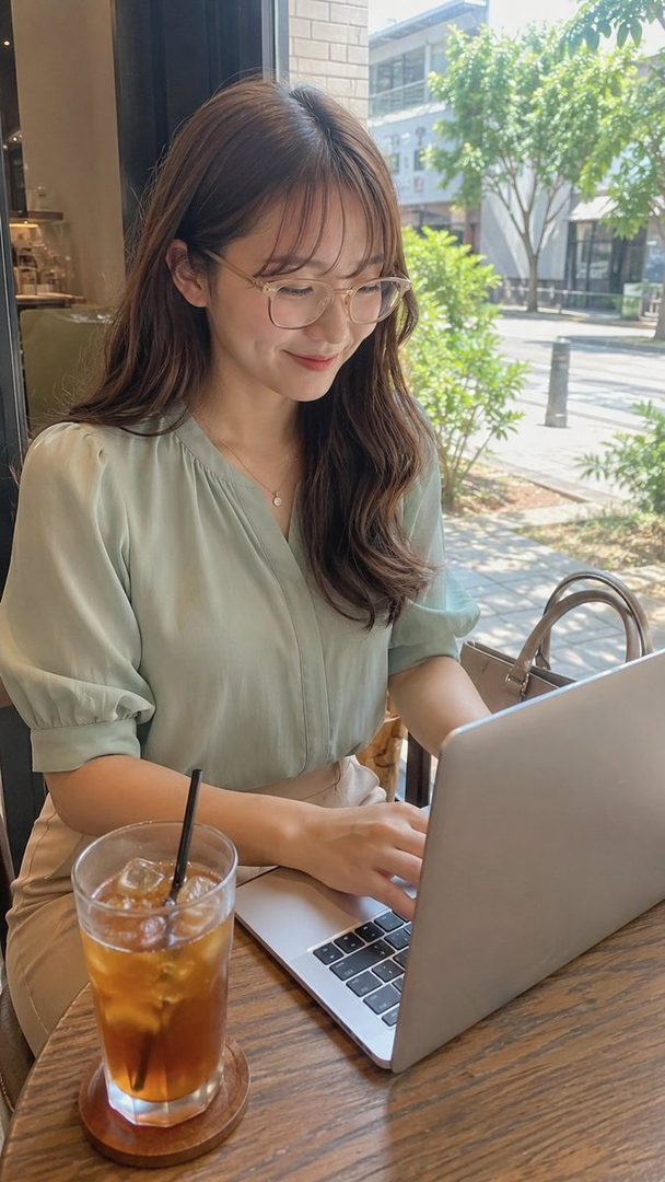 A young East Asian woman with long brown hair and glasses, wearing a light green blouse, sits at a cafe table working on a laptop with a drink beside her.