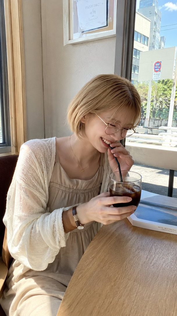 A young woman with short blonde hair and glasses smiles while drinking iced coffee at a cafe by the window.