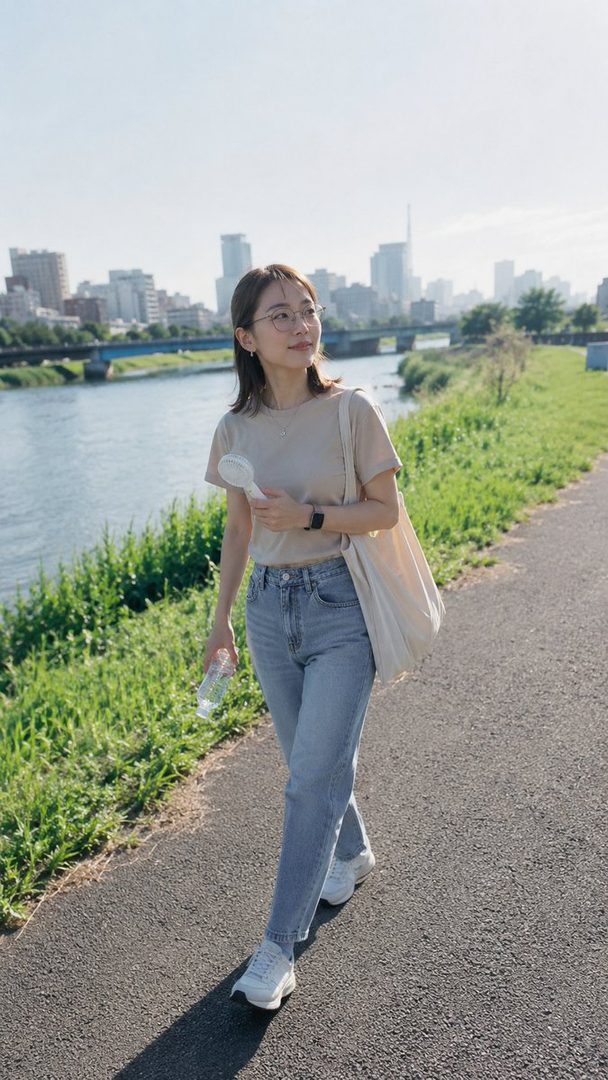 A young woman with glasses walks along a river path on a sunny day, holding a portable fan and a water bottle.