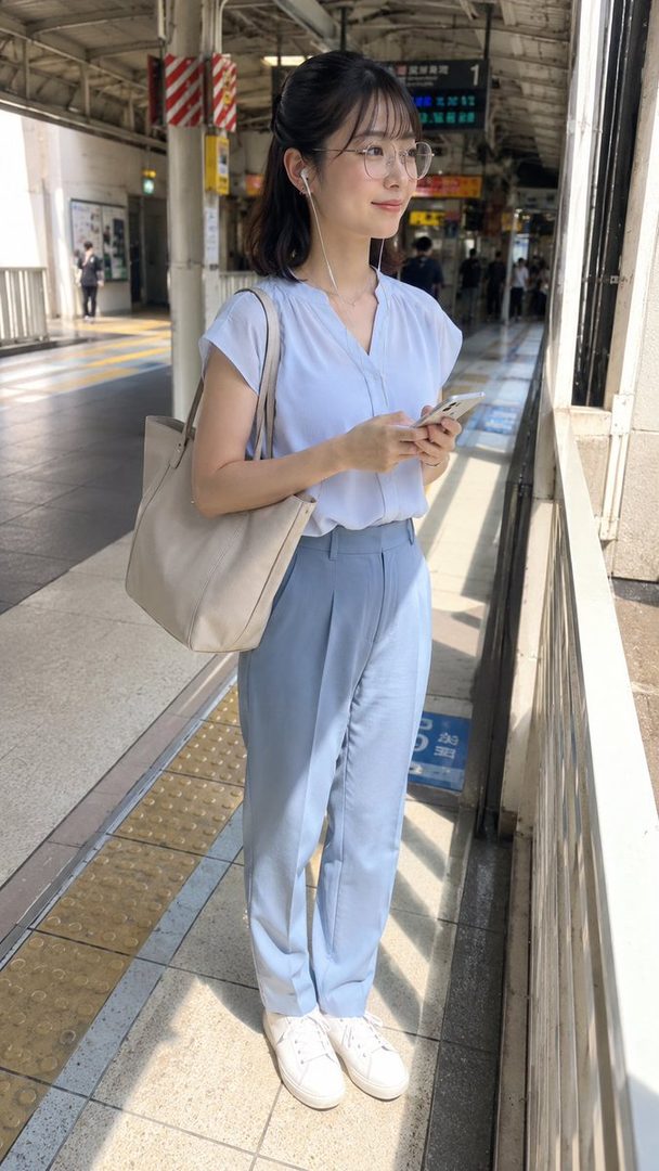 A young East Asian woman with short black hair, wearing glasses and a light blue blouse, stands on a train platform holding a smartphone and a tote bag.
