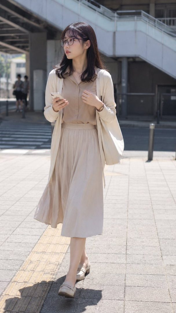 A young East Asian woman with glasses and long dark hair, wearing a beige cardigan and skirt, walks down a city street holding a smartphone.