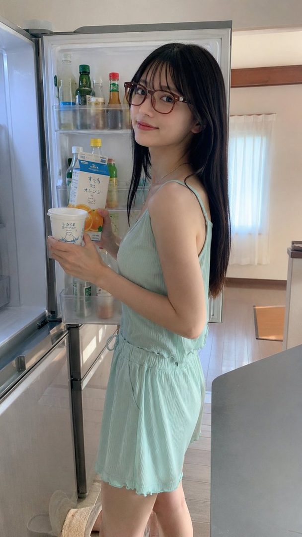 A young woman with long black hair and glasses, wearing a light green camisole and shorts, stands in front of an open refrigerator, holding a yogurt cup.
