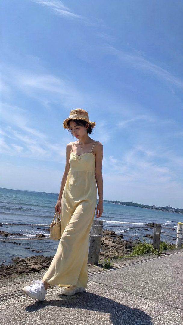 A young woman wearing a straw hat and a yellow sundress walks along a coastal path with the ocean in the background.