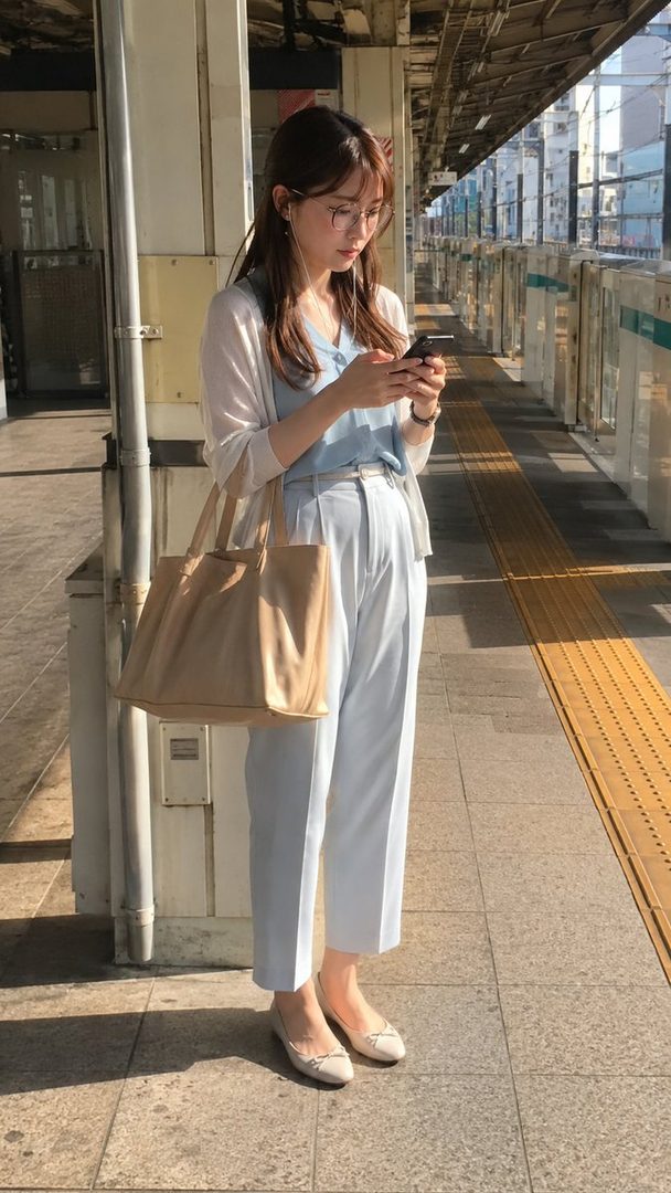 A young woman with glasses and long brown hair stands on a train platform, looking at her phone.