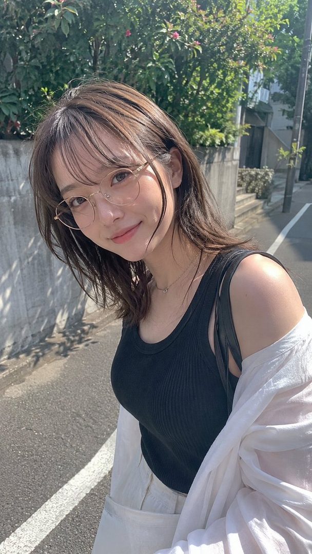 A young woman with brown hair and glasses smiles at the camera while standing outdoors on a sunny day.