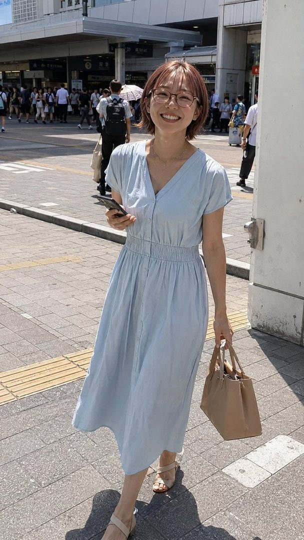 A smiling young woman with short brown hair and glasses, wearing a light blue dress and holding a handbag, walks down a sunny city street.
