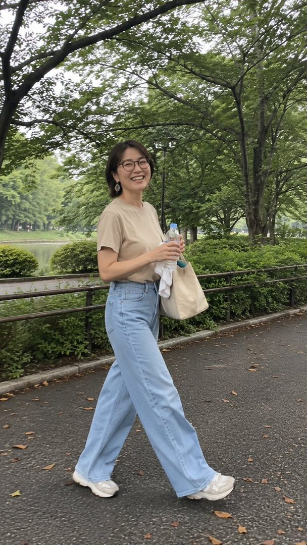 A woman with short black hair and glasses smiles brightly while walking in a park, holding a water bottle and a tote bag.