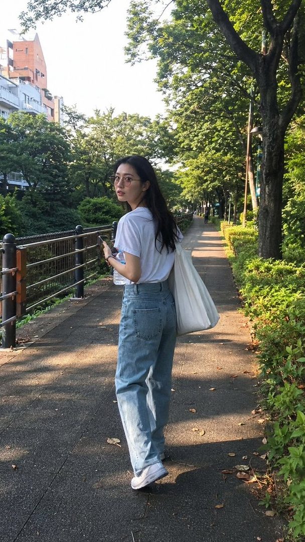 A young woman with long black hair and glasses, wearing a white t-shirt and blue jeans, walks down a tree-lined path, looking back over her shoulder with a smile.