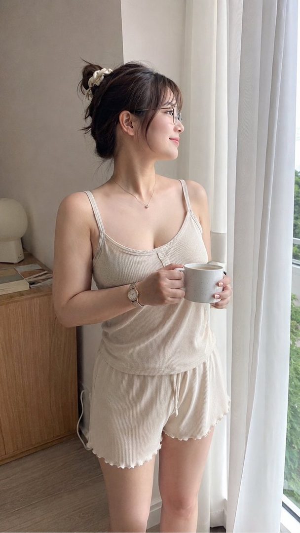 A young woman with her hair tied up, wearing glasses and pajamas, holds a mug and looks out the window on a quiet morning.