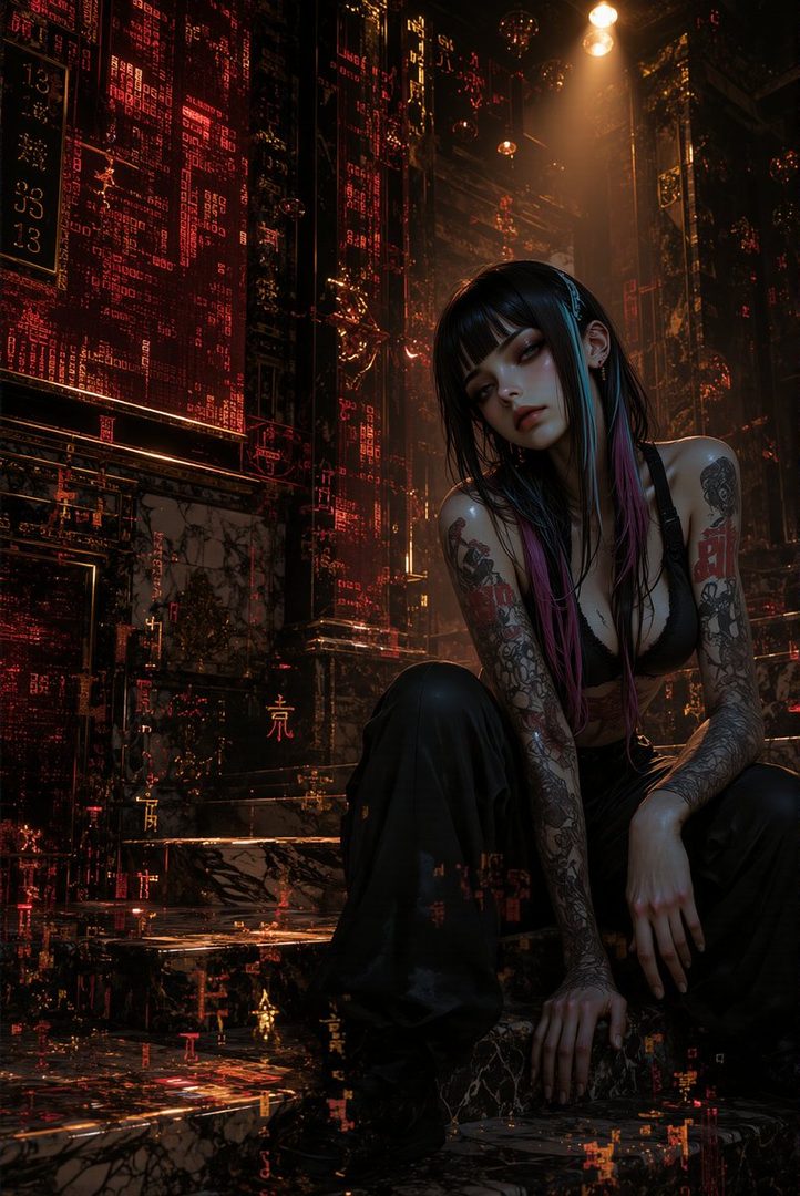 A young woman with black hair and colorful streaks, wearing a black bra and pants, sits on steps in a dark, futuristic environment with red glowing circuit patterns.