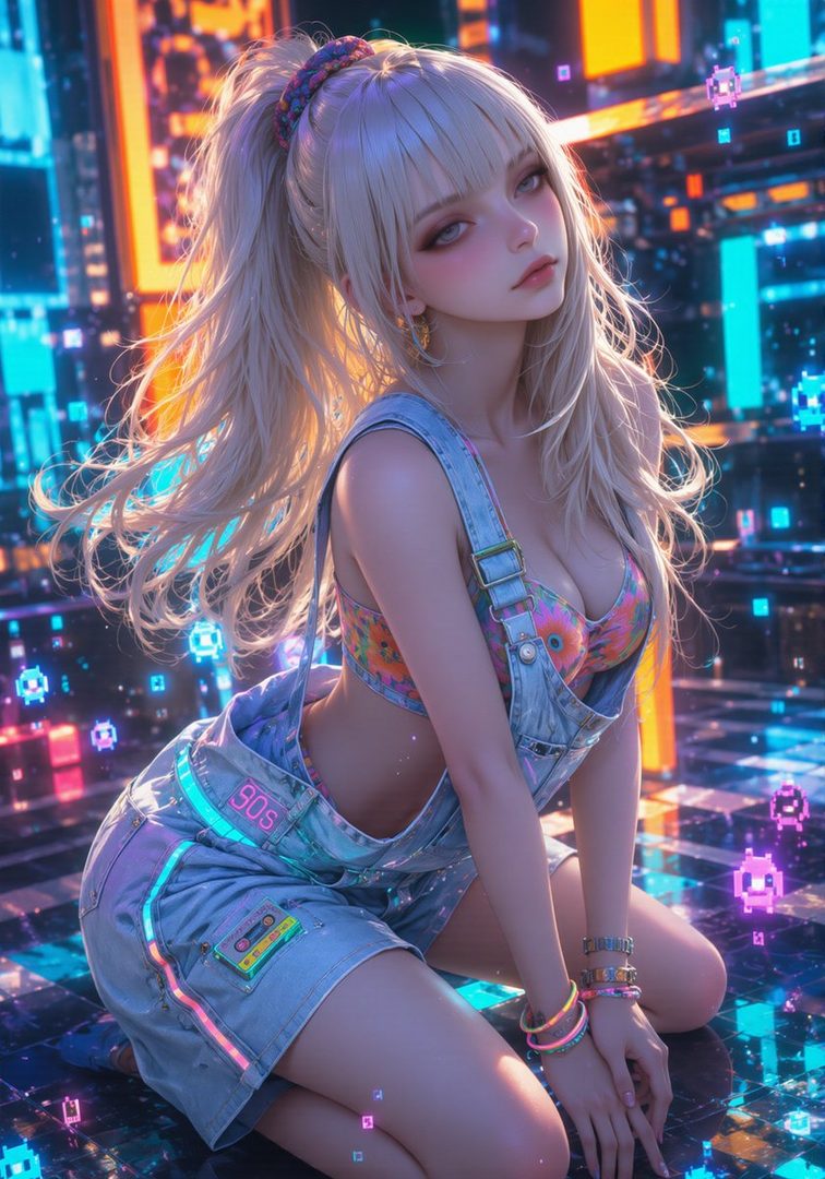 A young woman with blonde hair in a ponytail, wearing denim overalls and a colorful crop top, poses in a neon-lit futuristic cityscape.