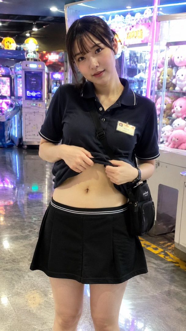 A young woman in a black polo shirt and short skirt lifts her shirt to reveal her midriff, standing in an arcade.