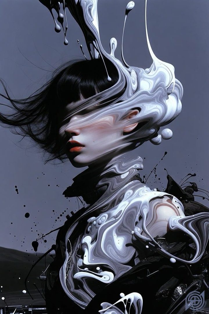 A surreal portrait of a young woman with black hair, her face partially obscured by swirling white and grey liquid, against a muted background.