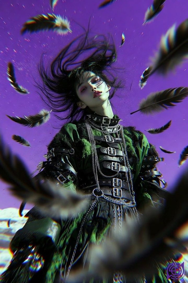 A young woman with long black hair is depicted in a dramatic portrait, surrounded by falling black feathers against a vibrant purple sky. She wears a dark, layered outfit with buckles and chains, exuding a gothic aesthetic.