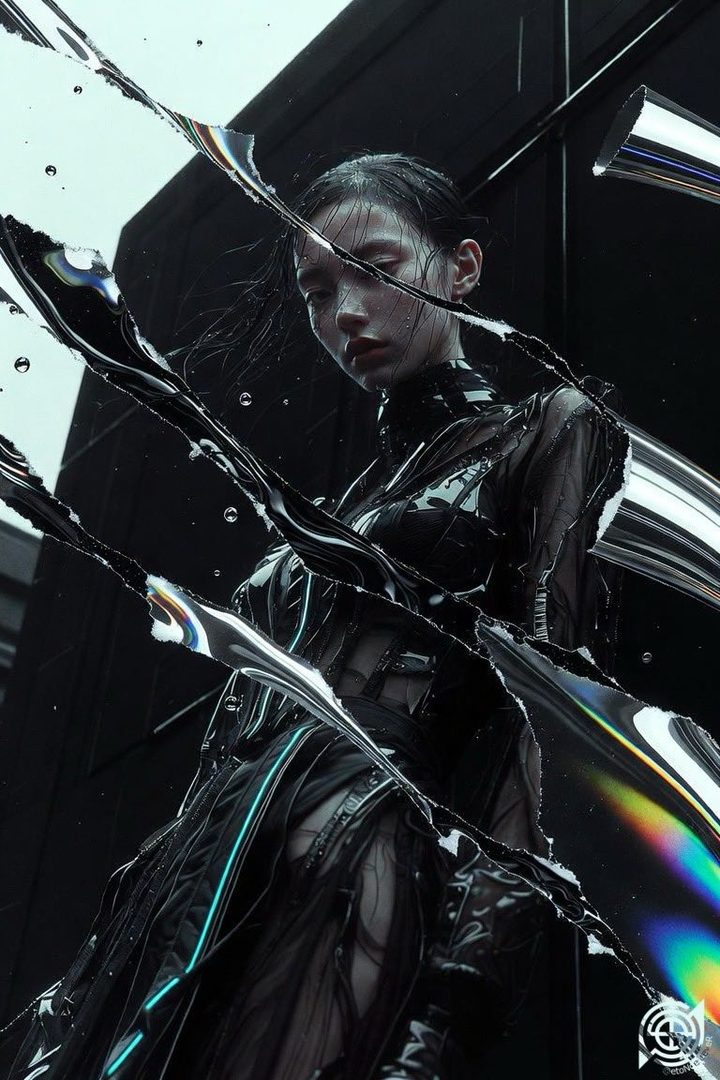 A striking portrait of an East Asian woman with wet black hair, wearing a dark, avant-garde outfit, with abstract, reflective elements obscuring parts of the image.