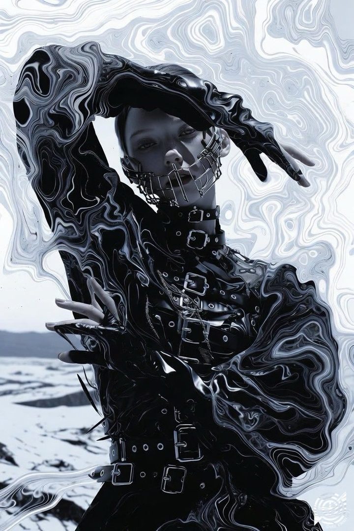 A person in avant-garde black clothing and a metal face mask poses dramatically against a swirling white background.