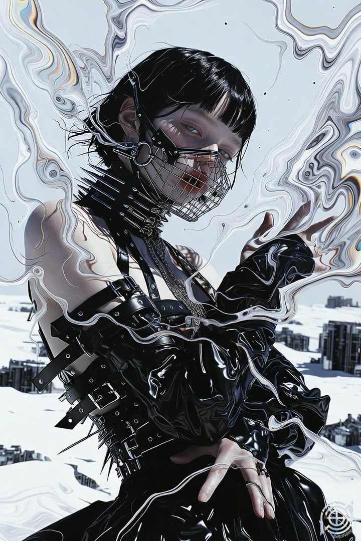 A person with black hair and a metal mask, wearing a black outfit with spikes, posing in an outdoor setting with abstract white swirls.